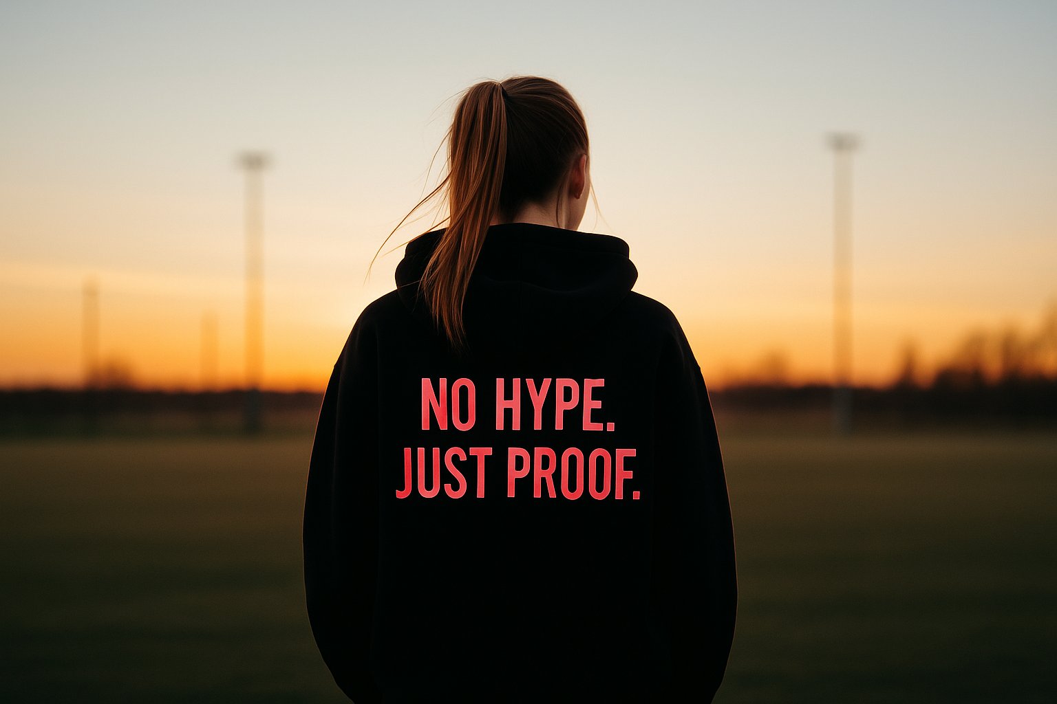 Frau im schwarzen Hoodie mit pinkem Aufdruck "No Hype. Just Proof." bei Sonnenuntergang auf dem Fußballfeld – Lineup Label Kollektion